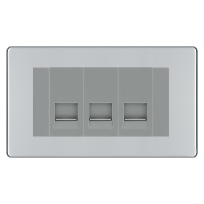 BG Screwless Polished Chrome 3 Gang Secondary Telephone Socket, Screw Terminal - Grey Insert