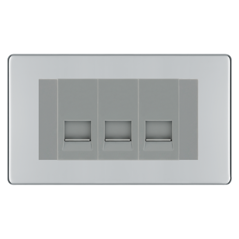 BG Screwless Polished Chrome 3 Gang Secondary Telephone Socket, Screw Terminal - Grey Insert