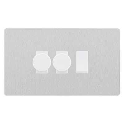 BG Evolve Brushed Steel 3 Gang Switch 2x Trailing Edge LED Dimmer 1x Intermediate Custom Grid Switch by British General (BG-Evolve-BS-3G-CUSTOM-2x-Dimmer-1x-INT)