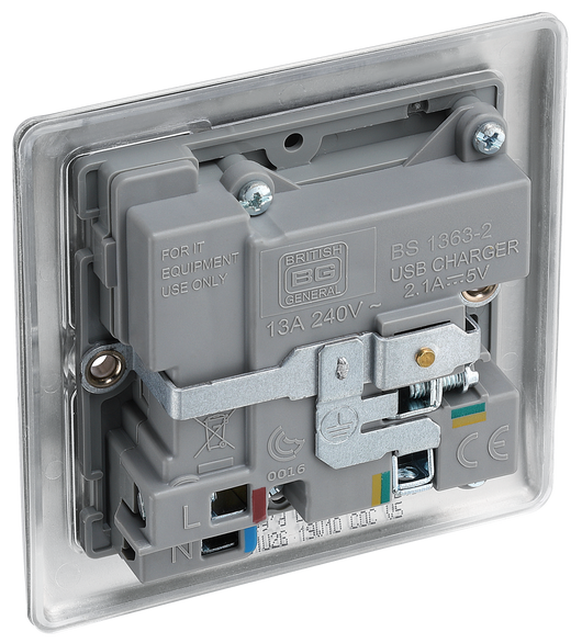 NBS21U2G Back - This 13A single power socket from British General comes with two USB charging ports allowing you to plug in an electrical device and charge mobile devices simultaneously without having to sacrifice a power socket.