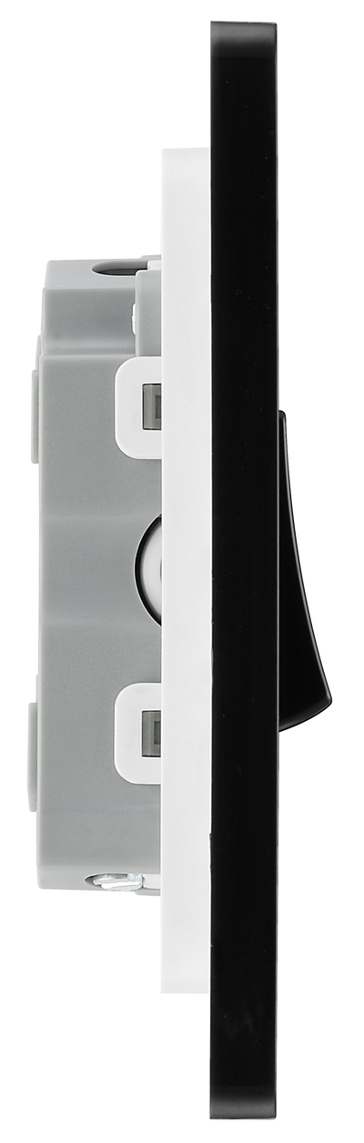 PCDSB43B Side -  This Evolve Satin Brass 20A 16AX triple light switch from British General can operate 3 different lights, whilst the 2 way switching allows a second switch to be added to the circuit to operate the same light from another location (e.g. at the top and bottom of the stairs).