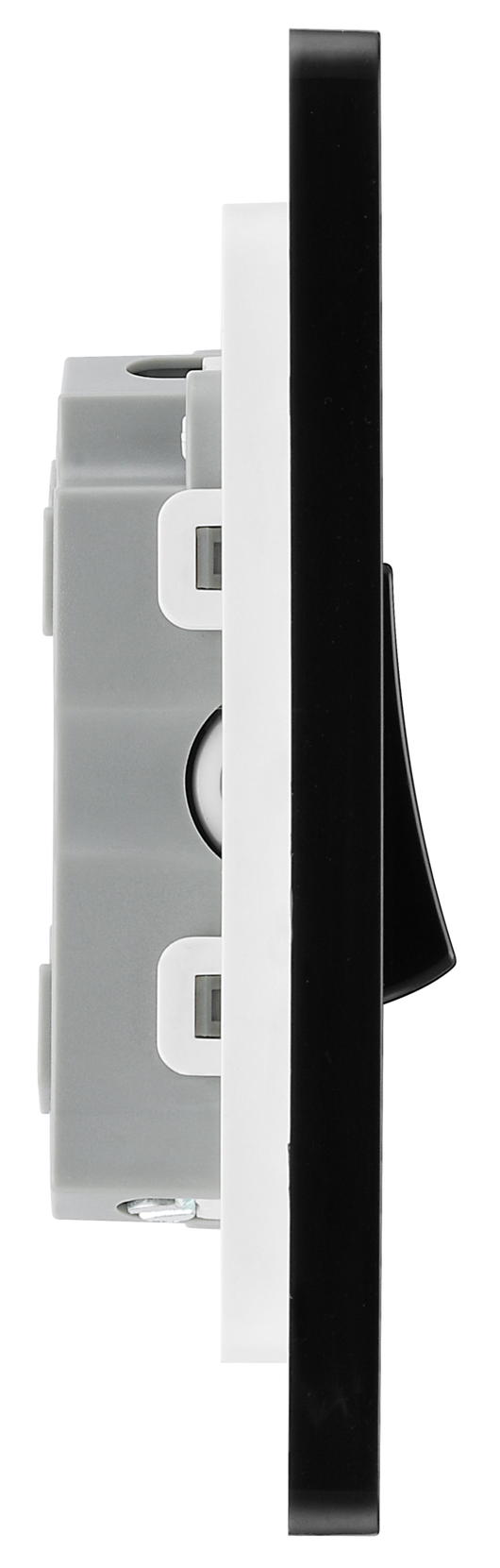 PCDSB43B Side -  This Evolve Satin Brass 20A 16AX triple light switch from British General can operate 3 different lights, whilst the 2 way switching allows a second switch to be added to the circuit to operate the same light from another location (e.g. at the top and bottom of the stairs).