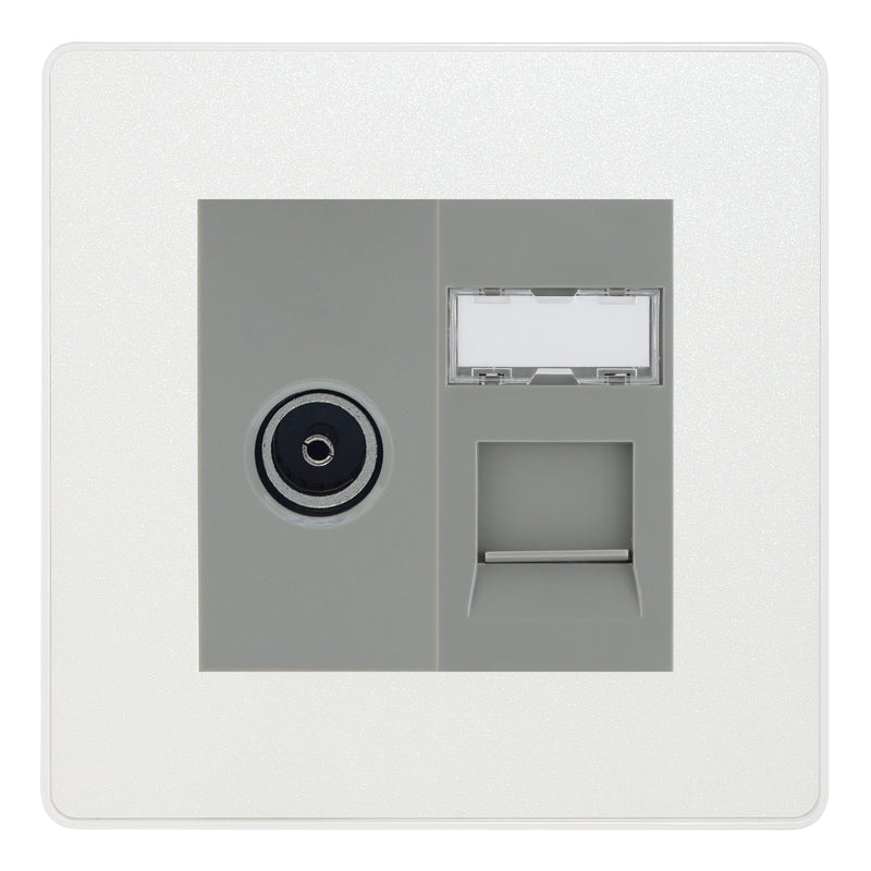 BG Evolve Pearlescent White TV Aerial & RJ45 CAT6 Data Socket - Grey Insert