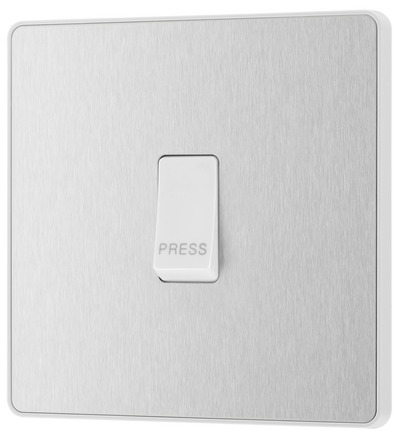BG PCDBS14W Brushed Steel Evolve 10AX 1 Way Press Switch - White Insert