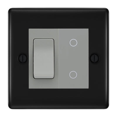 BG Matt Black 2G Custom Switch 1x 2 Way Switch 1x Secondary Touch Dimmer Grey Inserts by British General (BG-NEXUS-MB-2G-1x-2WAY-SWITCH-1x-STD-GI)