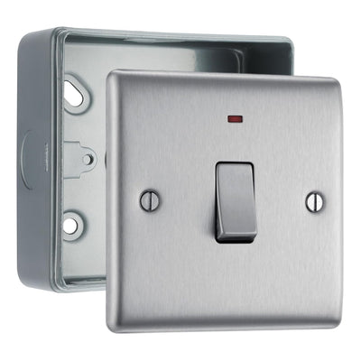 BG Nexus Brushed Steel 1 Gang 20A 2 Pole Neon Switch & Surface Pattress Back Box by British General (BG-NBS31+MC501)