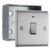 BG Nexus Brushed Steel 1 Gang 20A 2 Pole Neon Switch & Surface Pattress Back Box by British General (BG-NBS31+MC501)