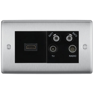 BG Brushed Steel 4-Gang Euro Plate with HDMI & TV/FM/SAT Module – Black Insert by British General (BG-NBSEMR4-HDMI-TVFM2B)