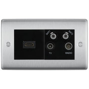 BG Brushed Steel 4-Gang Euro Plate with HDMI & TV/FM/SAT Module – Black Insert by British General (BG-NBSEMR4-HDMI-TVFM2B)