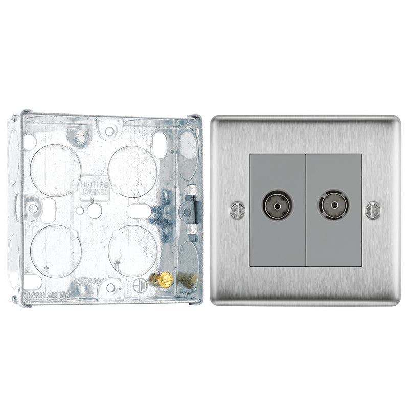 BG Nexus Brushed Steel 1x TV 1x FM Diplex Socket NBS66 with 25mm Steel Back Box