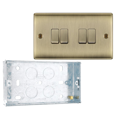 BG Nexus Metal Antique Brass 20A 16AX 2 Way Quadruple Light Switch NAB44 with 25mm Steel Back Box by British General (BG-NAB44+HGS04)