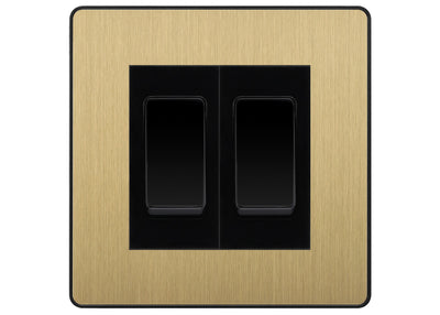 BG Electrical Evolve Satin Brass 2-Gang Light Switch 1x 2-Way + 1x Intermediate – Black Inserts