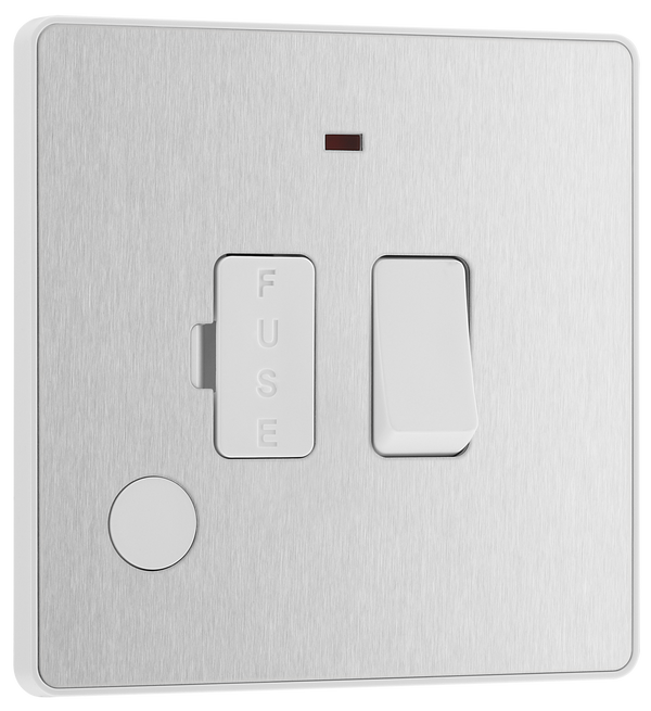 PCDBS52W Front - This Evolve Brushed Steel 13A fused and switched connection unit from British General with power indicator provides an outlet from the mains containing the fuse, ideal for spur circuits and hardwired appliances.