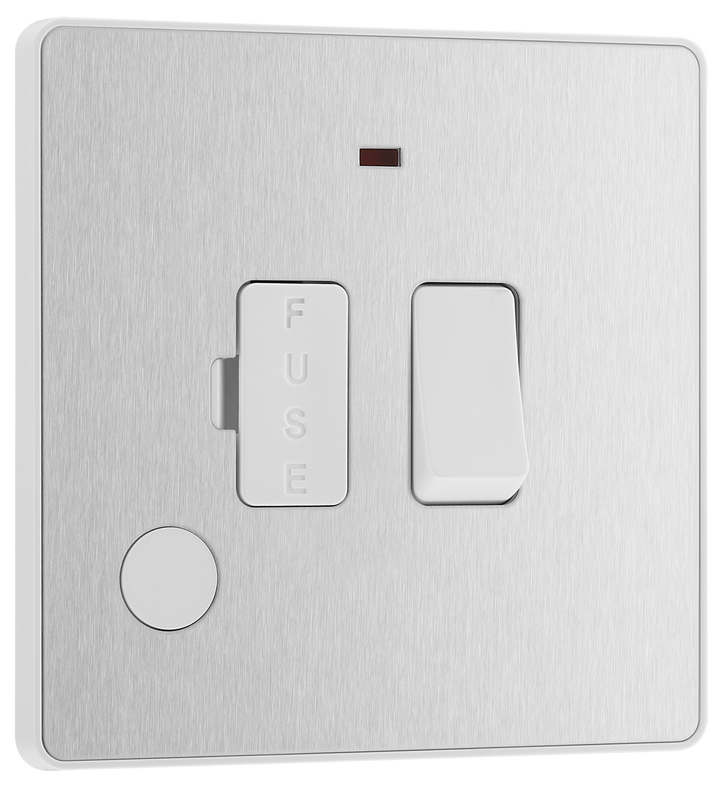 PCDBS52W Front - This Evolve Brushed Steel 13A fused and switched connection unit from British General with power indicator provides an outlet from the mains containing the fuse, ideal for spur circuits and hardwired appliances.