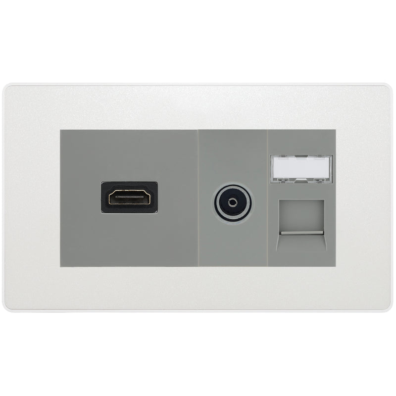 BG Evolve Media Wall Plate — TV Aerial, HDMI & CAT6 | Pearlescent White Screwless