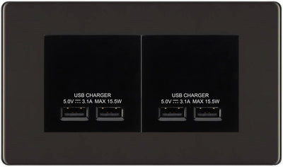 BG Screwless Black Nickel 4G Euro Plate with 2X USB-A Dual Charger Black Insert by British General (BG-FBNEMR4+EMUSB3B)
