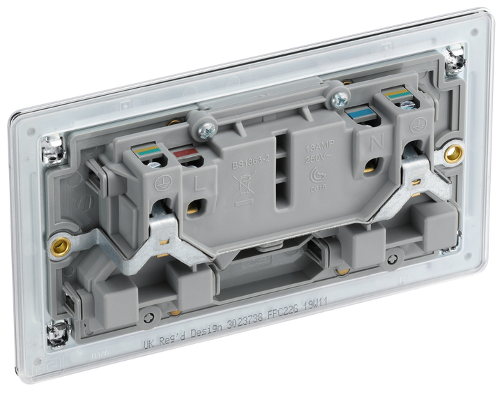 FPC22G Back - This Screwless Flat plate polished chrome finish 13A double switched socket from British General has a sleek flat profile that clips on and off for a screwless premium finish, with no visible plastic around the switch.