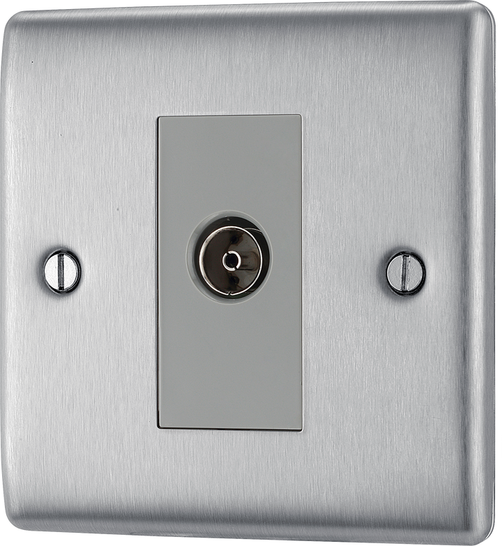 NBS62 Front - This single isolated coaxial socket from British General can be used for TV or FM aerial connections. An isolated aerial connection is ideal for use where a communal dish or aerial is used such as in a block of flats.