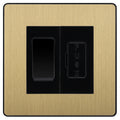 BG Evolve Satin Brass 2 Way Light Switch & 13A Fused Spur Plate | Black Insert