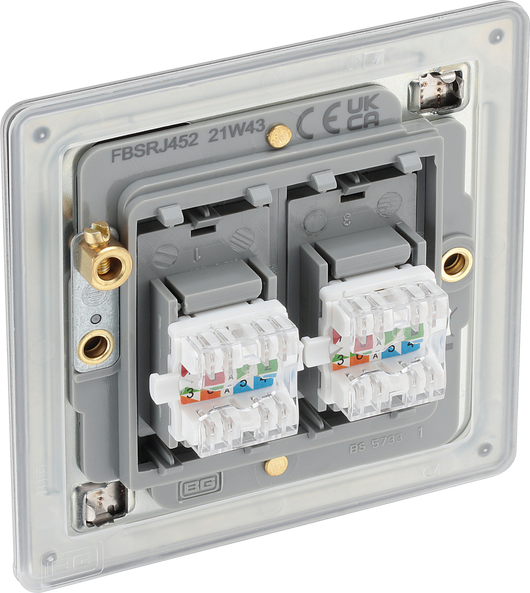 FBSRJ452 Back - This RJ45 ethernet socket from British General uses an IDC terminal connection and is ideal for home and office providing 2 networking outlets with ID windows for identification.
