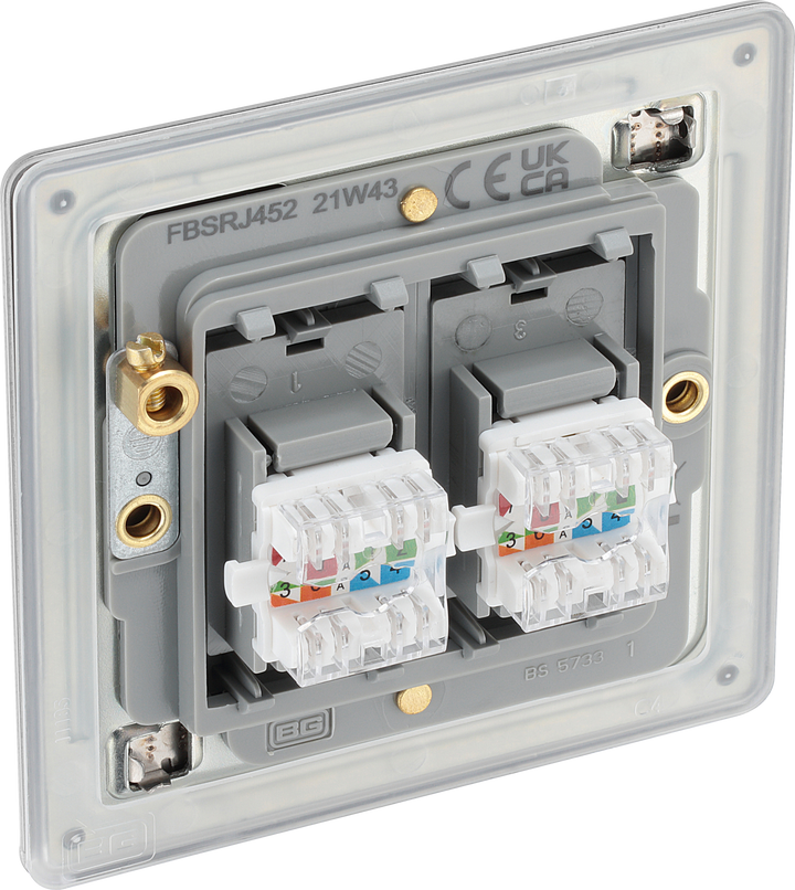 FBSRJ452 Back - This RJ45 ethernet socket from British General uses an IDC terminal connection and is ideal for home and office providing 2 networking outlets with ID windows for identification.