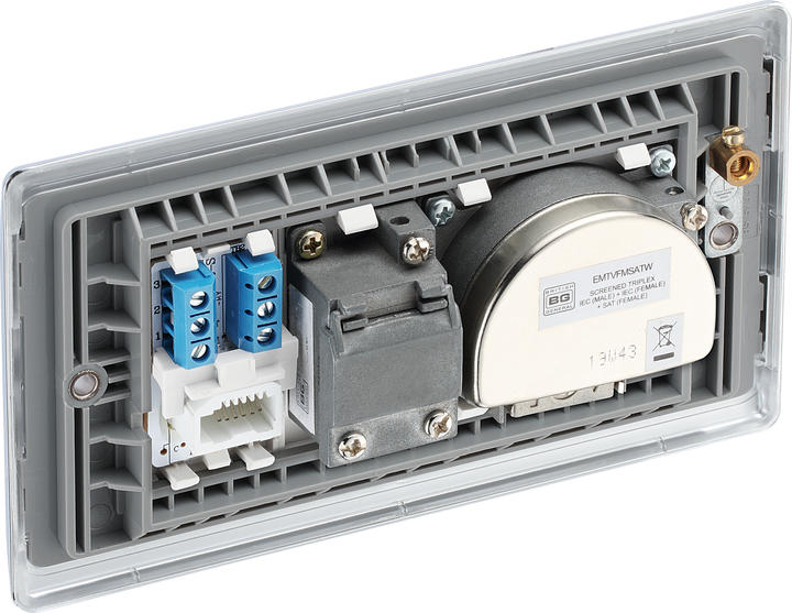 NPC68 Back - This screened Triplex socket from British General has an outlet for TV FM and satellite, plus a return and shuttered telephone socket.