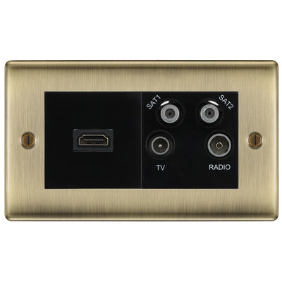 BG Nexus Antique Brass 4G Faceplate with HDMI + TV/FM/SAT Module - Black Insert by British General (BG-NABEMR4-HDMI-TVFM2B)