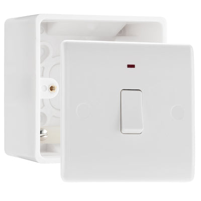 BG Nexus 1 Gang 20A 2 Pole Neon Switch White & 50mm Pattress Back Box by British General (BG-831+877)
