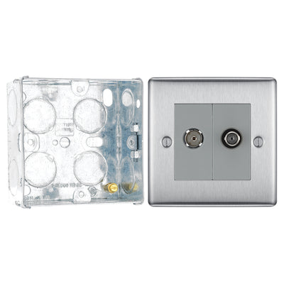BG Nexus Brushed Steel 2 Gang Satellite & Co-axial Socket NBS65 with 35mm Steel Back Box