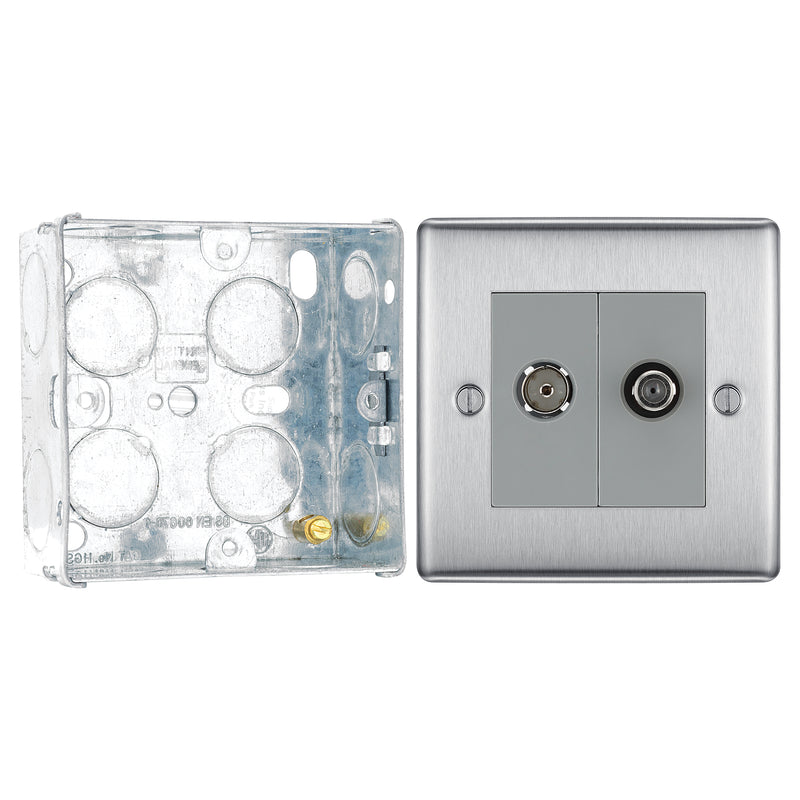 BG Nexus Brushed Steel 2 Gang Satellite & Co-axial Socket NBS65 with 35mm Steel Back Box