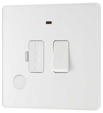PCDCL52W Front - This Evolve pearlescent white 13A fused and switched connection unit from British General with power indicator provides an outlet from the mains containing the fuse, ideal for spur circuits and hardwired appliances.