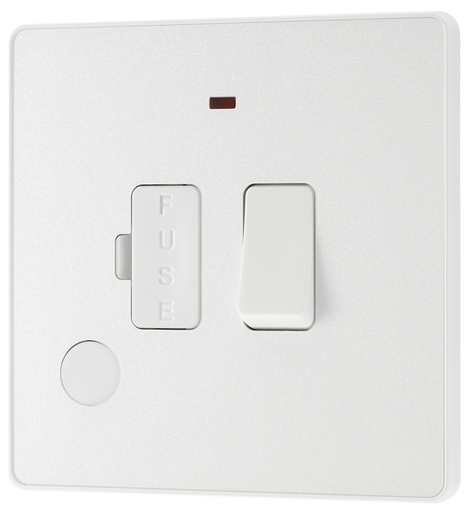 PCDCL52W Front - This Evolve pearlescent white 13A fused and switched connection unit from British General with power indicator provides an outlet from the mains containing the fuse, ideal for spur circuits and hardwired appliances.