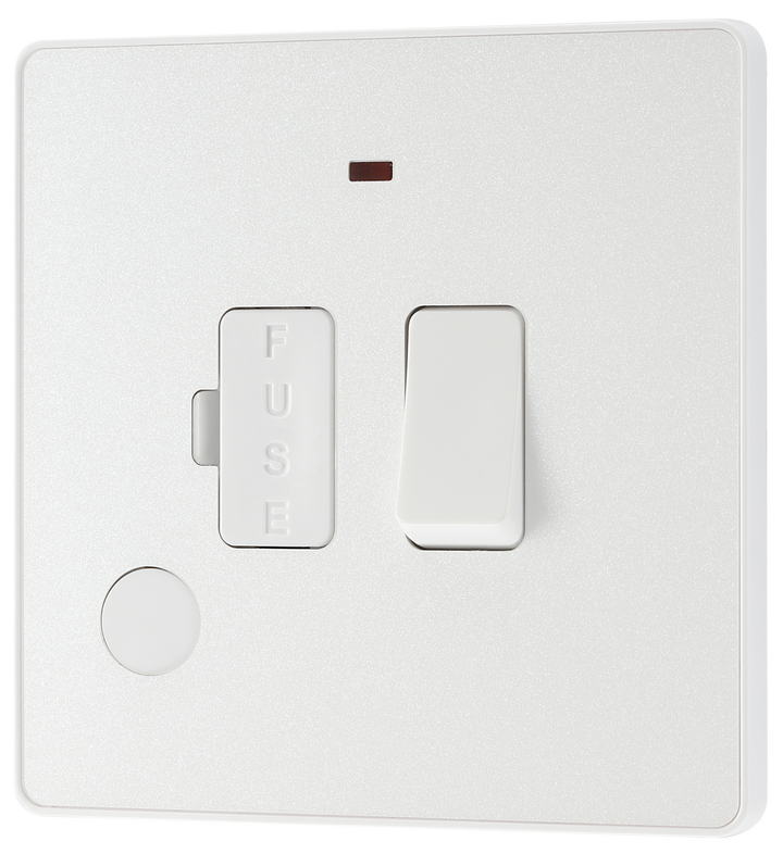 PCDCL52W Front - This Evolve pearlescent white 13A fused and switched connection unit from British General with power indicator provides an outlet from the mains containing the fuse, ideal for spur circuits and hardwired appliances.