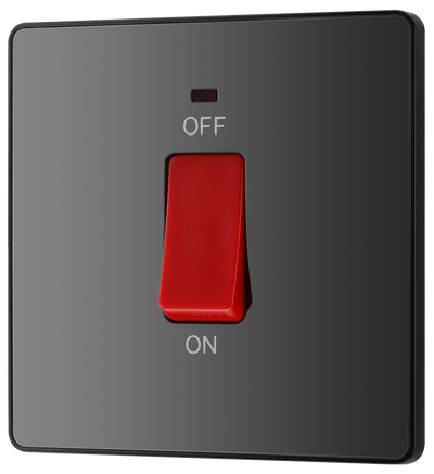 PCDBC74B Front - This Evolve Black Chrome 45A double pole switch with indicator from British General is ideal for use with cookers and ovens.