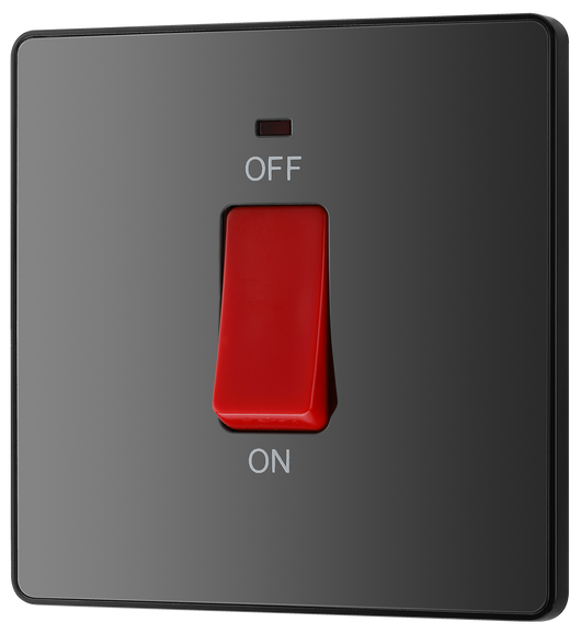 PCDBC74B Front - This Evolve Black Chrome 45A double pole switch with indicator from British General is ideal for use with cookers and ovens.