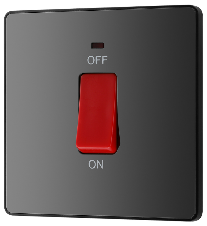 PCDBC74B Front - This Evolve Black Chrome 45A double pole switch with indicator from British General is ideal for use with cookers and ovens.