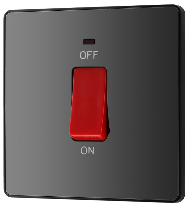 PCDBC74B Front - This Evolve Black Chrome 45A double pole switch with indicator from British General is ideal for use with cookers and ovens.