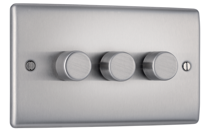 NBS83 Front -This trailing edge triple dimmer switch from British General allows you to control your light levels and set the mood.