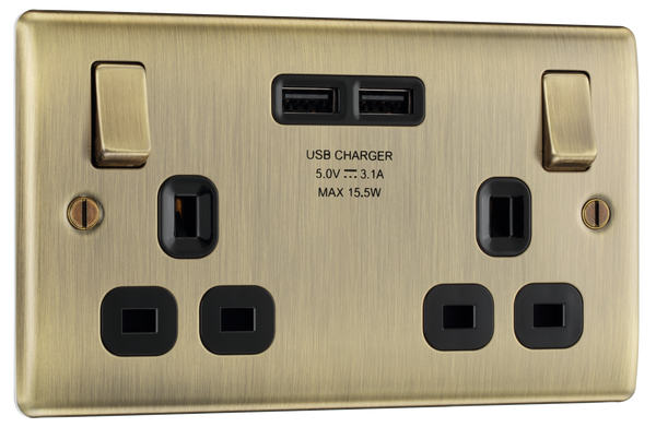 NAB22U3B Front - This 13A double power socket from British General comes with two USB charging ports allowing you to plug in an electrical device and charge mobile devices simultaneously without having to sacrifice a power socket.