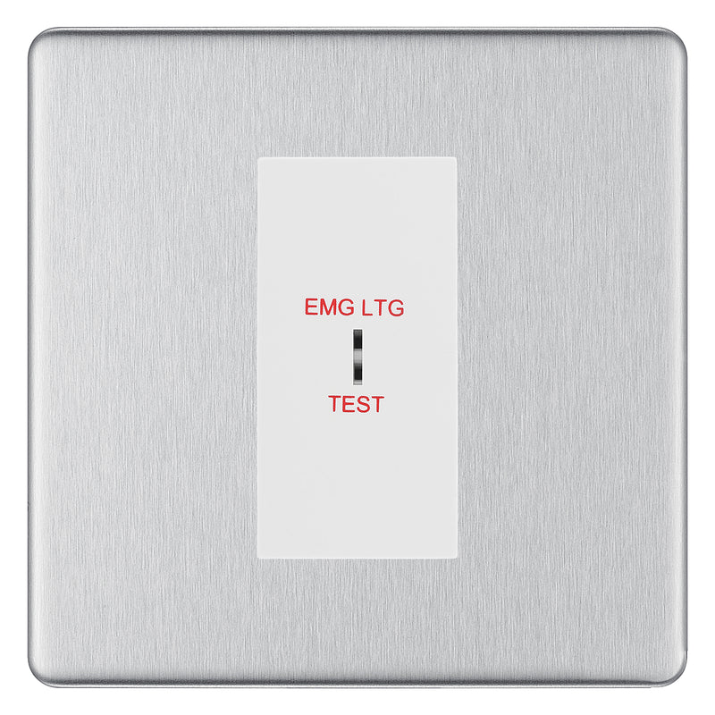 BG Flatplate Screwless Brushed Steel 20AX 2 Way Emergency Lighting Test Key Switch - Key Included - White Insert