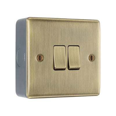 Antique Brass 2 Gang Double Light Switch & Surface Pattress Back Box by British General (BG-NAB42+MC501)
