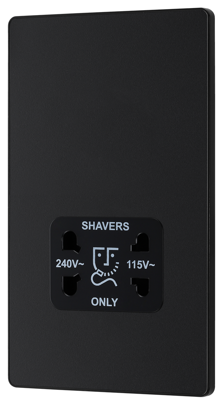 PCDMB20B Front - This Evolve Matt Black dual voltage shaver socket from British General is suitable for use with 240V and 115V shavers and electric toothbrushes.