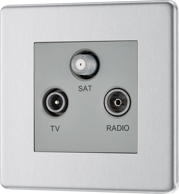 BG FBS67 Flatplate Screwless Triplex TV/FM/Sat socket - Screened, Brushed Steel - Grey Insert