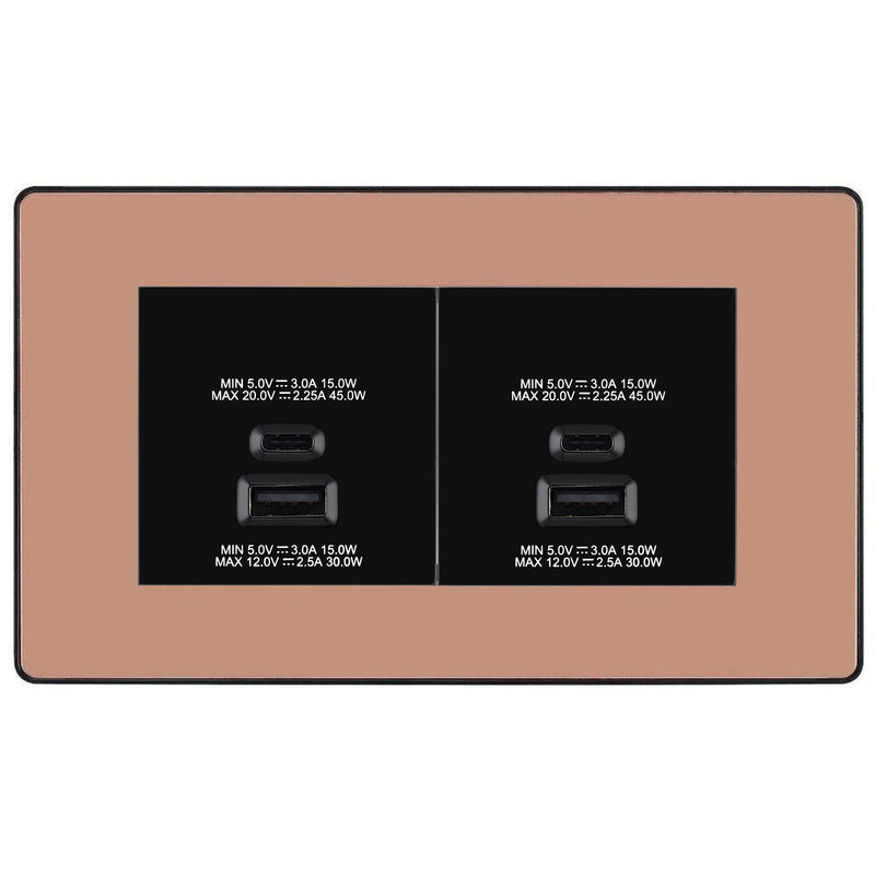BG Evolve Polished Copper 4G Faceplate with 45W USB A+C Charger Modules – Black Insert