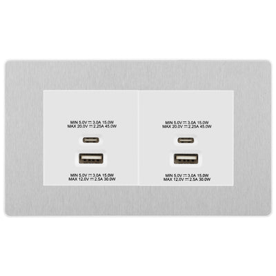 BG Evolve Brushed Steel 4G Faceplate with 45W USB A+C Charger Modules - White Insert by British General (BG-PCDBSEMR4W+EMUSBAC45W)