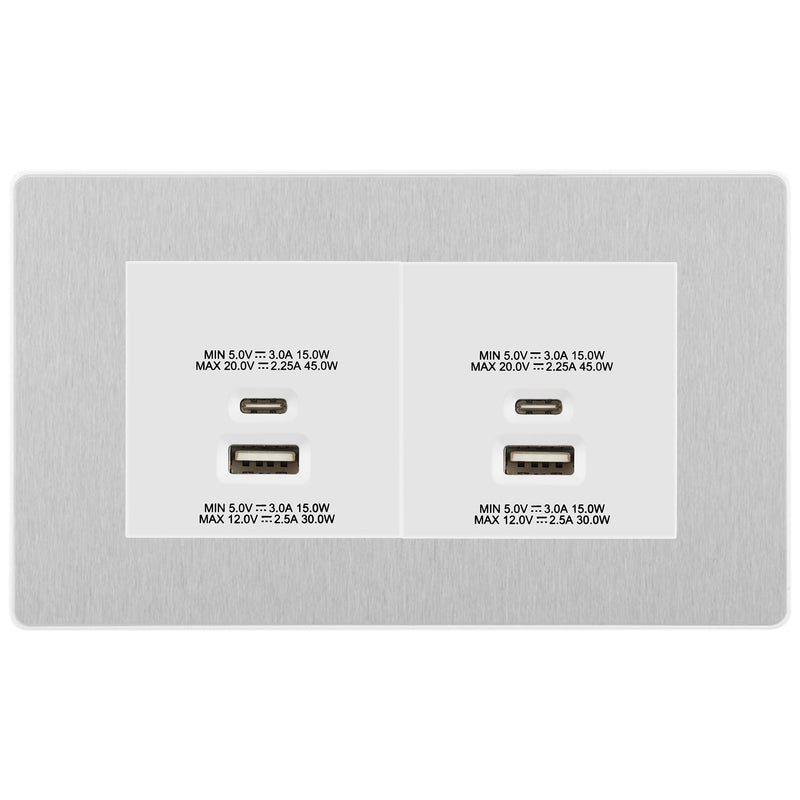 BG Evolve Brushed Steel 4G Faceplate with 45W USB A+C Charger Modules - White Insert