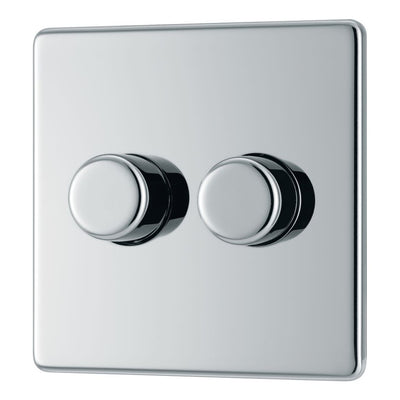 BG Screwless Polished Chrome 200W 2 Way Double Trailing Edge Dimmer Switch FPC82 with 35mm Steel Back Box