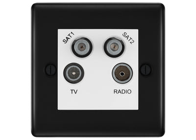 BG Nexus Matt Black TV/FM/2x SAT Quadplex Socket – White Insert by British General (BG-NFBTVFMSAT2W)