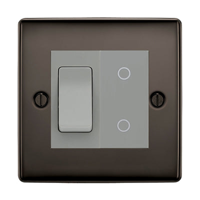 BG Black Nickel 2 Gang Custom Switch 1x 2 Way Switch 1x Master Touch Dimmer Grey Inserts by British General (BG-NEXUS-BN-2G-1x-2WAY-SWITCH-1x-MTD-GI)
