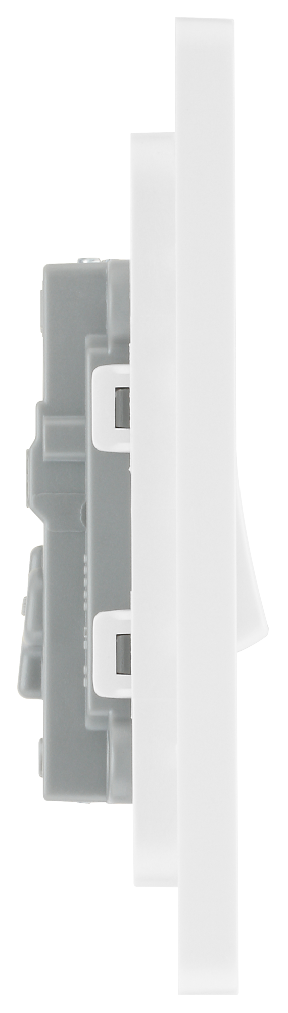 PCDBS13W Side - This Evolve Brushed Steel 20A 16AX intermediate light switch from British General should be used as the middle switch when you need to operate one light from 3 different locations, such as either end of a hallway and at the top of the stairs.